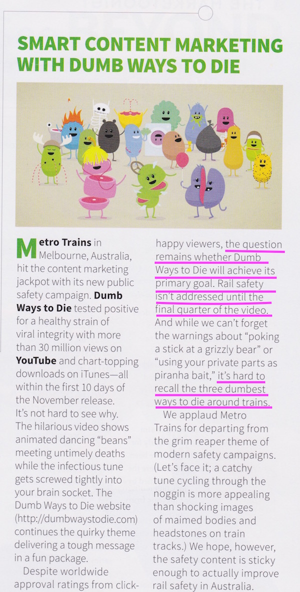 CCO magazine article from February 2013 showing  doubt about effectiveness of Dumb Ways to Die
